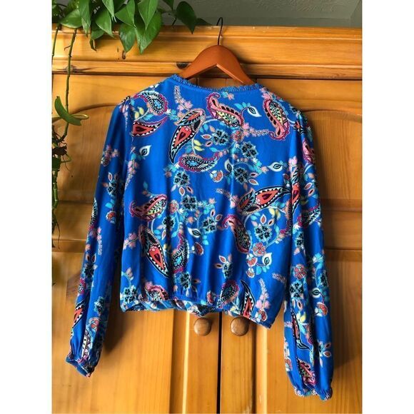 MI AMI Shirred Hem Paisley Floral Faux Wrap  Top SZ S - Picture 6 of 11